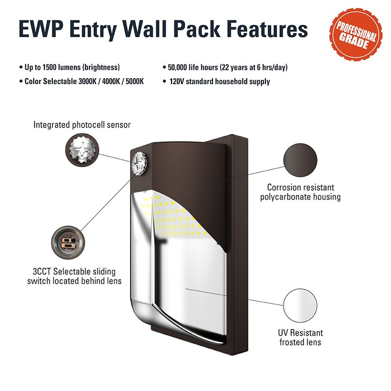 Halo EWP EWP15FSDBZ Entry Wall Pack, 120 V, 12 W, LED Lamp, 1659 Lumens, 5000 K Color Temp, Polycarbonate Fixture