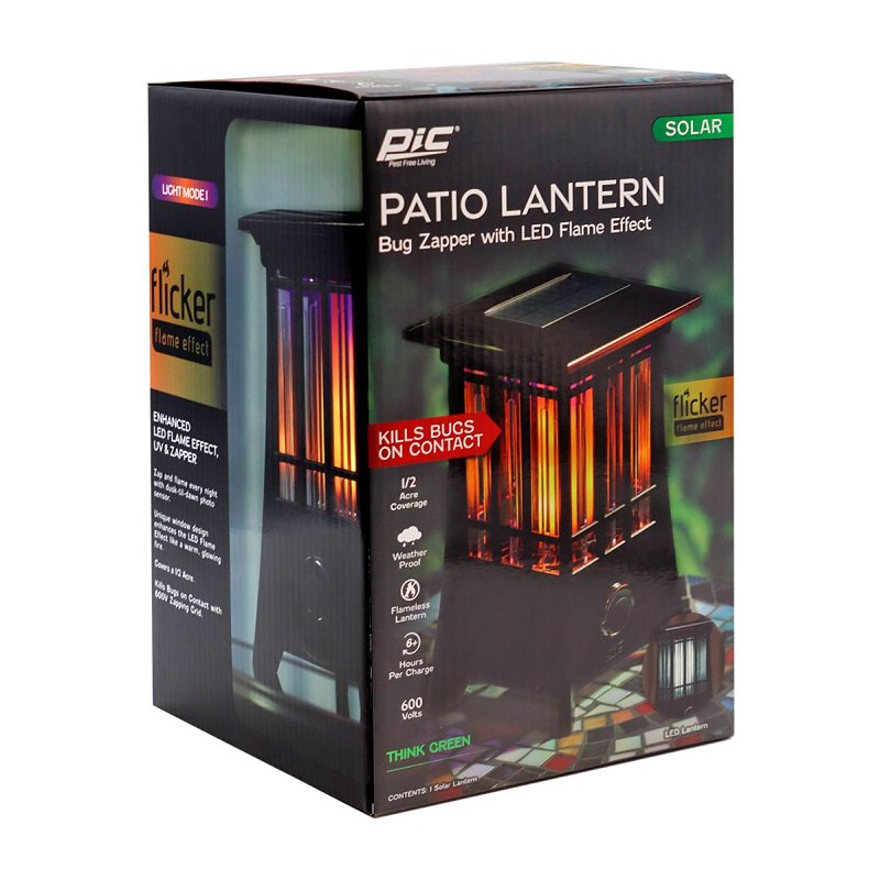 Pic PIC-99188 Solar Patio Lantern Bug Zapper, 600 V, LED Lamp, Black