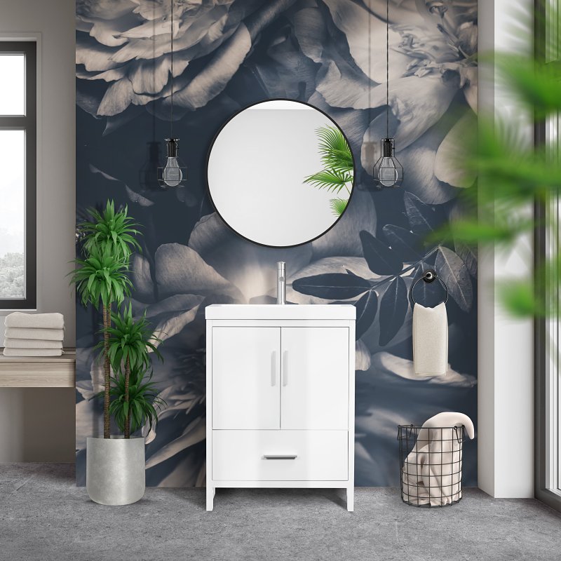 Luxo Marble SMALLY 2419 W Bathroom Vanity, 21-1/2 in W Cabinet, 22-1/8 in D Cabinet, MDF, White, 1-Sink, Marble Sink