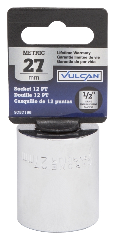 Vulcan MT6534143 Drive Socket, 27 mm Socket, 1/2 in Drive, 12-Point, Chrome Vanadium Steel, Chrome
