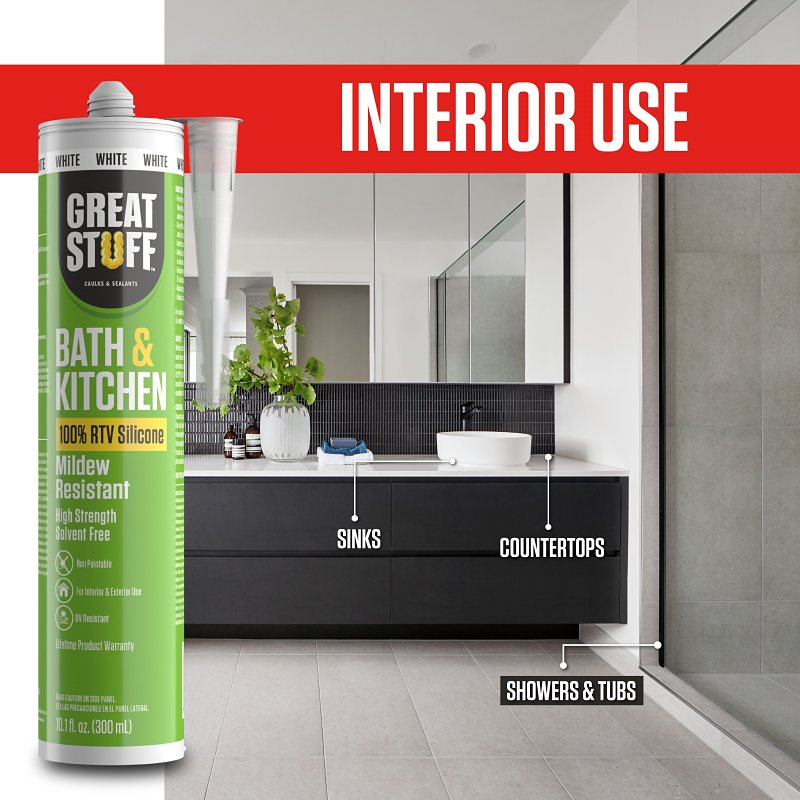 Great Stuff 99BATH3005 Caulk, White, Up to 180 deg F, 10.1 fl-oz, Cartridge
