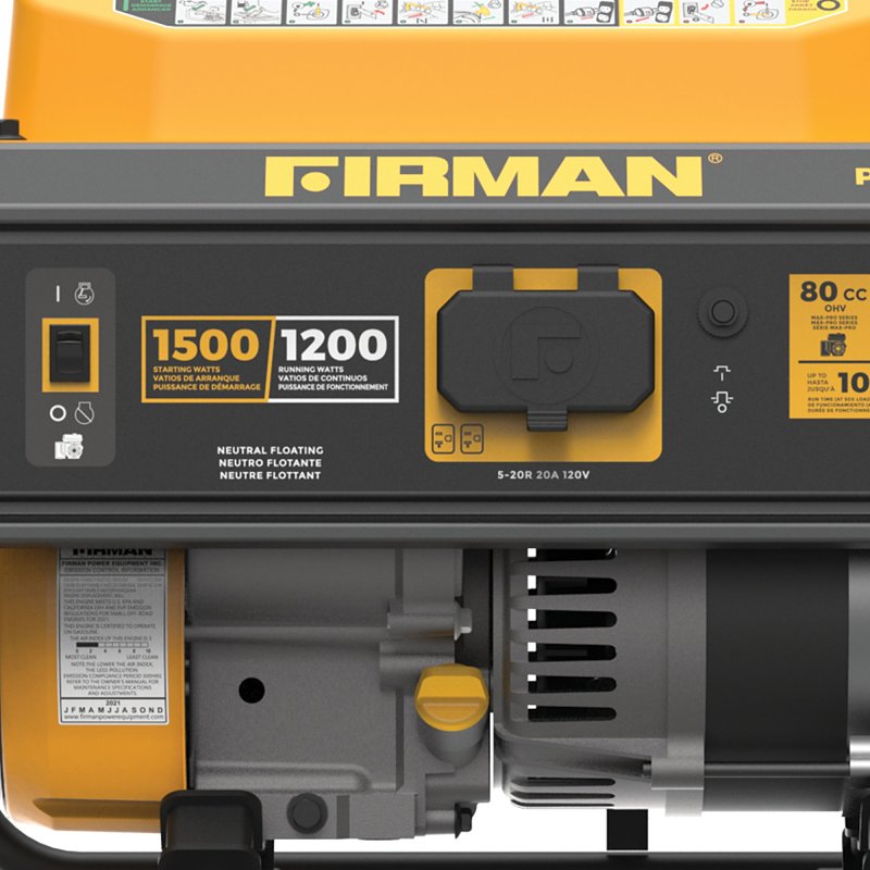 Firman Performance Series P01201 Generator, 120 V, 1500 W Output, Gasoline, 1.7 gal Tank, 10 hr Run Time, Recoil Start