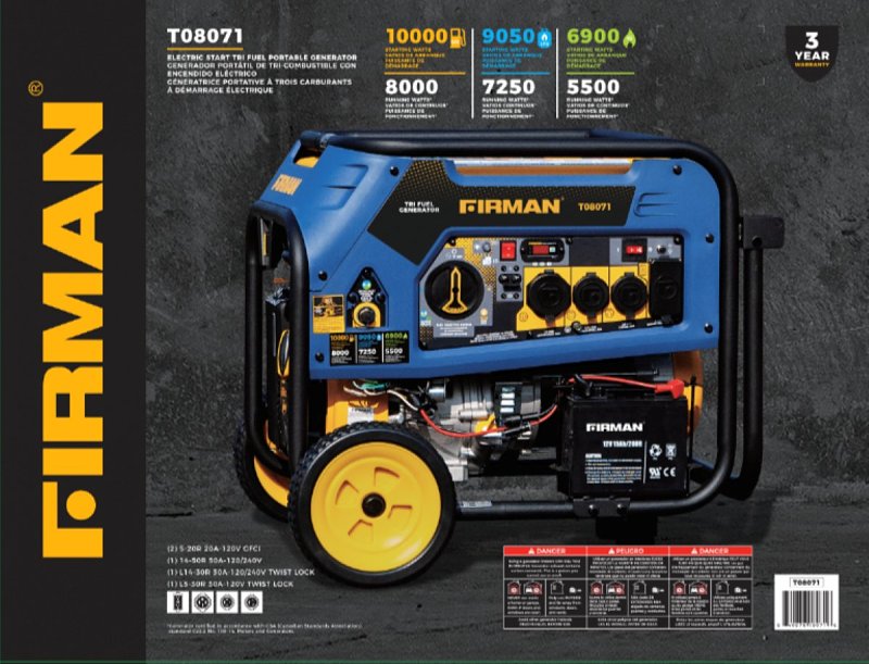 Firman HURRICANE T08071 Portable Generator, 50 A, 120/240 VAC, Gasoline, LPG, Natural Gas, 8 gal Tank