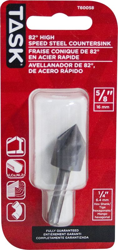 Task T60058 Drill Bit, 5/8 in Dia, Countersink, 5-Flute, 1/4 in Dia Shank