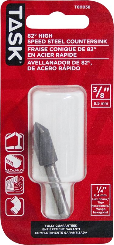 Task T60038 Drill Bit, 3/8 in Dia, Countersink, 5-Flute, 1/4 in Dia Shank