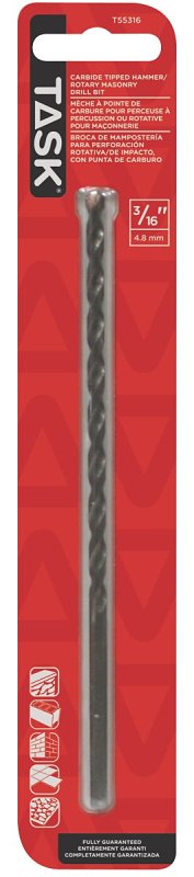 Task T55316 Rotary Drill Bit, 3/16 in Dia, Percussion, Spiral Flute