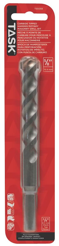 Task T55058 Rotary Drill Bit, 5/8 in Dia, Percussion, Spiral Flute, 3/8 in Dia Shank, Reduced Shank