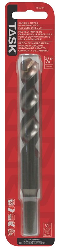 Task T55034 Rotary Drill Bit, 3/4 in Dia, Percussion, Spiral Flute, 1/2 in Dia Shank, Reduced Shank