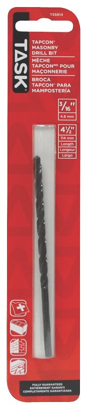 Task T55814 Rotary Drill Bit, 3/16 in Dia, 4-1/2 in OAL, Percussion, Flat Shank