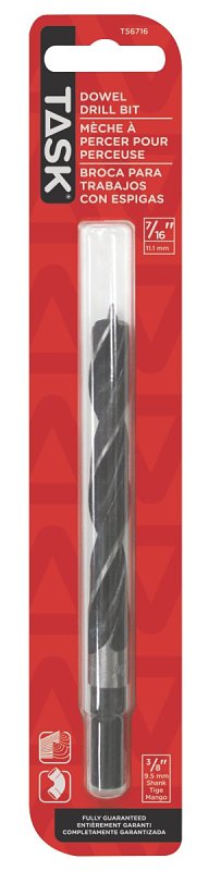 Task T56716 Dowel Drill Bit, 7/16 in Dia, Wide Flute, 3/8 in Dia Shank, Reduced Shank