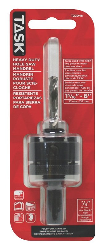 Task T22048 Hole Saw Mandrel, 7/16 in Shank, 1/4 in Dia Bit, Hex Shank