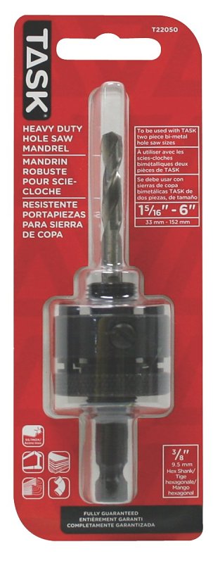 Task T22050 Series Hole Saw Mandrel, For: Task 1-5/16 to 6 in 2-Piece Bi-Metal Hole Saws, 3/8 in Shank, Hex Shank, HSS