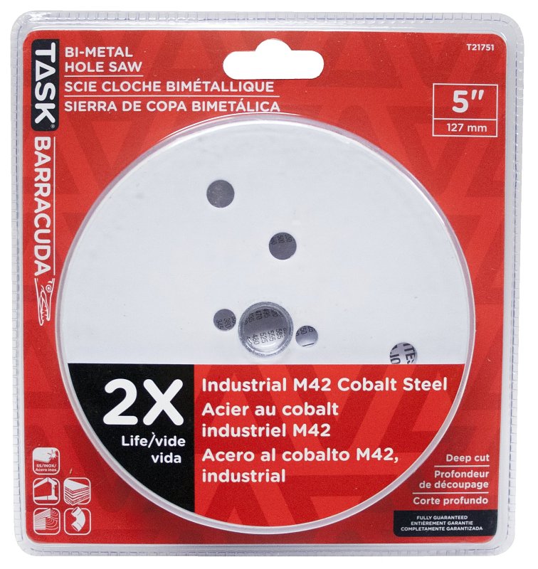 Task T21751 Hole Saw, 5 in Dia, 1-7/8 in D Cutting, Carbon Steel Cutting Edge