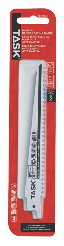 Task T22208-5 Reciprocating Saw Blade, Applicable Materials: Fiber, Non-Ferrous Metal, Particle Board, Plastic, 6 in L