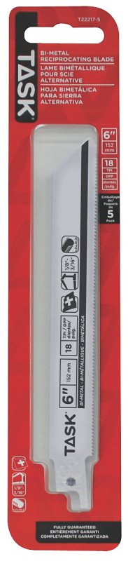 Task T22217-5 Reciprocating Saw Blade, 18 TPI, Applicable Materials: Fiber, Non-Ferrous Metal, Particle Board, Plastic