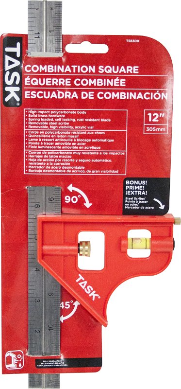 Task T58300 Head Combination Square, 12 in L Blade, SAE Graduation, Polycarbonate/Steel Blade