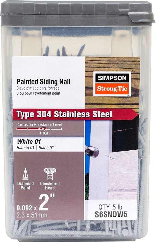 Simpson Strong-Tie S6SNDW5 Painted Siding Nail, 6D, 2 in L, Stainless Steel, Full Round Head, Annular Ring Shank