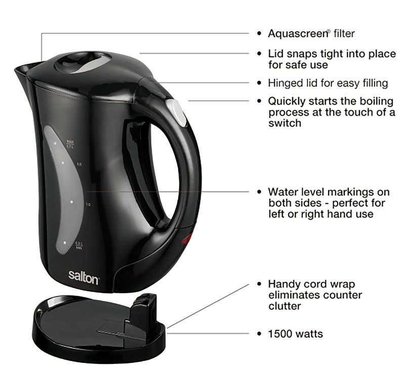 Salton JK1199 Cordless Electric Jug Kettle, 1.7 L Capacity, Plastic/Stainless Steel, Black
