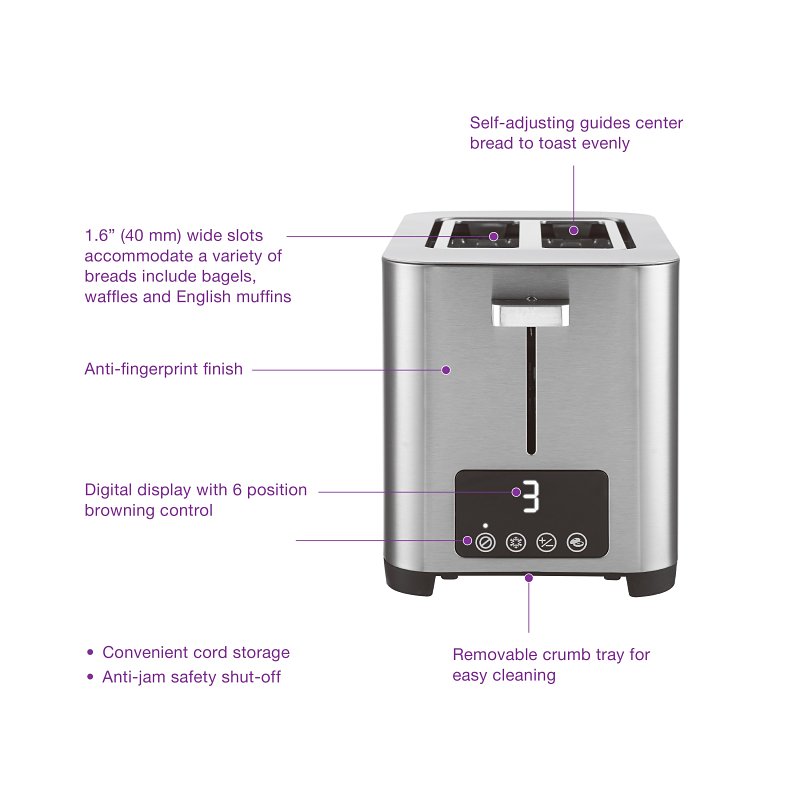 Salton ET2072 Digital Toaster, 850 W, 2-Slice, Digital Control, Stainless Steel