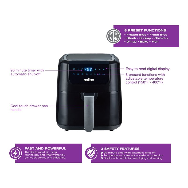 Salton AF2085 Air Fryer, 5 L Capacity, 1400 W, Digital Control, Black