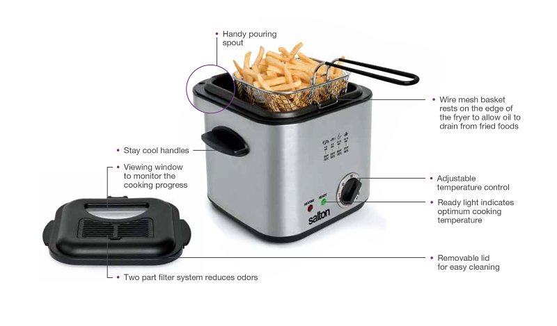 Salton DF1539 Compact Deep Fryer, 1 L Capacity, 840 W, 1-Fry Basket, Adjustable Thermostat Control, Black