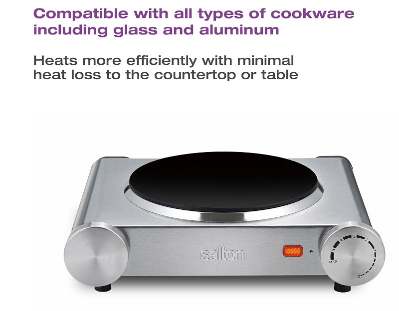 Salton HP1502 Portable Infrared Cooktop, 7.4 in Cooktop, Hot Plate Surface, 1200 W, Silver, 7-3/4 in OAW