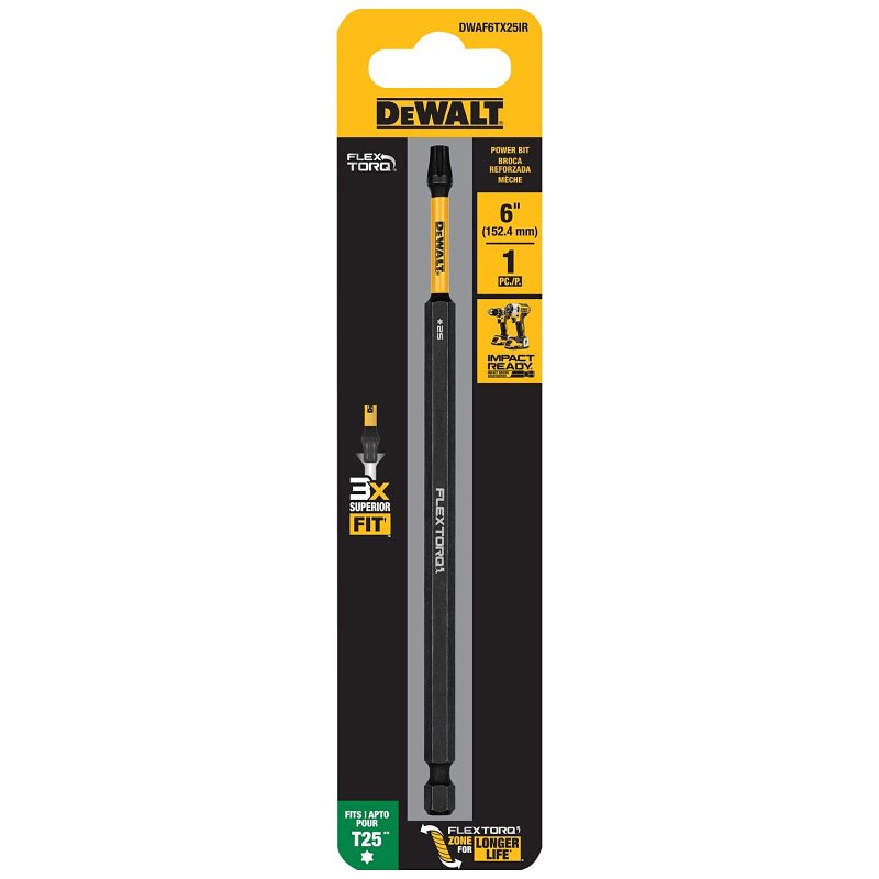 DEWALT FLEXTORQ DWAF6TX25IR Impact Screwdriving Bit, T25 Drive, Torx Drive, 1/4 in Shank, Hex Shank, 6 in L, Steel