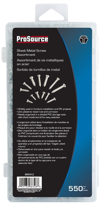 ProSource 61540 Sheet Metal Screw Assortment, Steel, Zinc Plated, 550-Piece