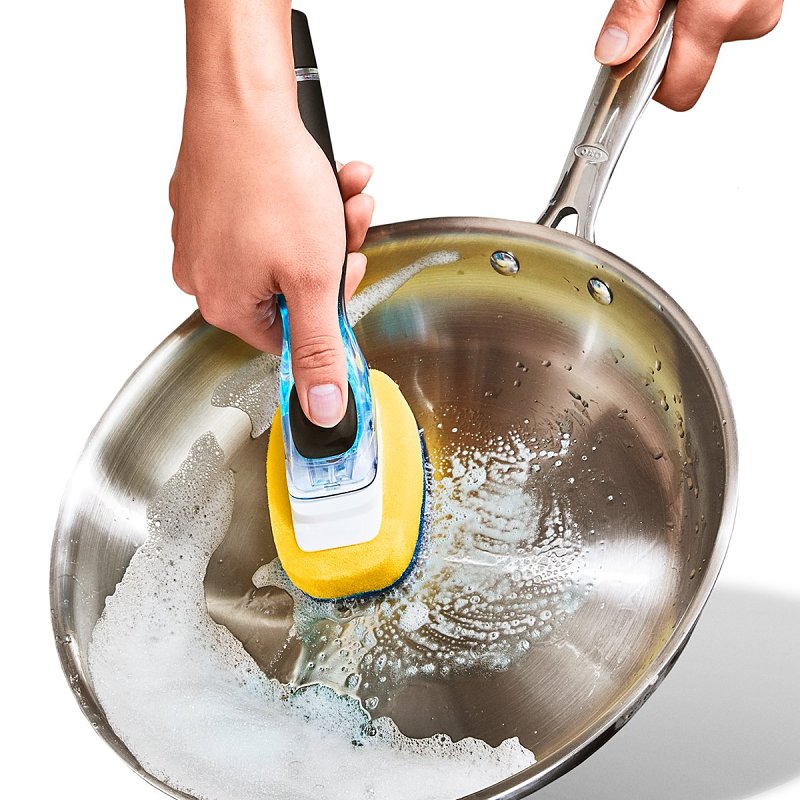 Good Grips 12361600 Soap Dispensing Dish Scrub, 12 in OAL, Comfortable, Non-Slip Grip Handle, Plastic/Rubber Handle