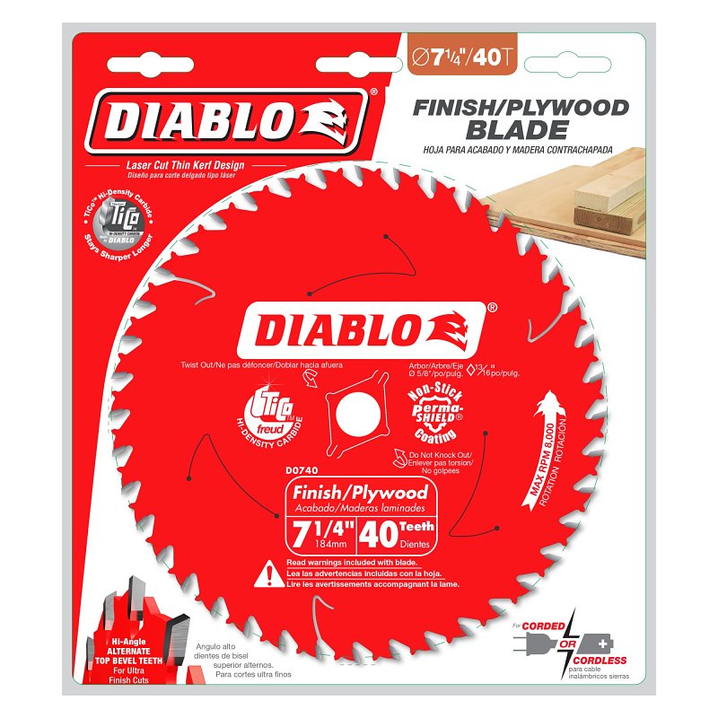 Diablo D0740X Circular Saw Blade, 7-1/4 in Dia, 5/8 in Arbor, 40-Teeth, Carbide Cutting Edge, Super Thin Kerf Teeth