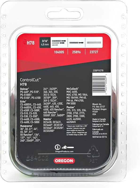 Oregon H78 Chainsaw Chain, 20 in L Bar, 0.05 Gauge, 0.325 in TPI/Pitch, 78-Link