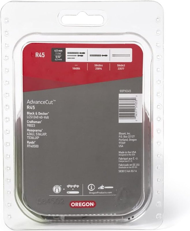 Oregon AdvanceCut R45 Chainsaw Chain, 12 in L Bar, 0.043 Gauge, 3/8 in TPI/Pitch, 45-Link