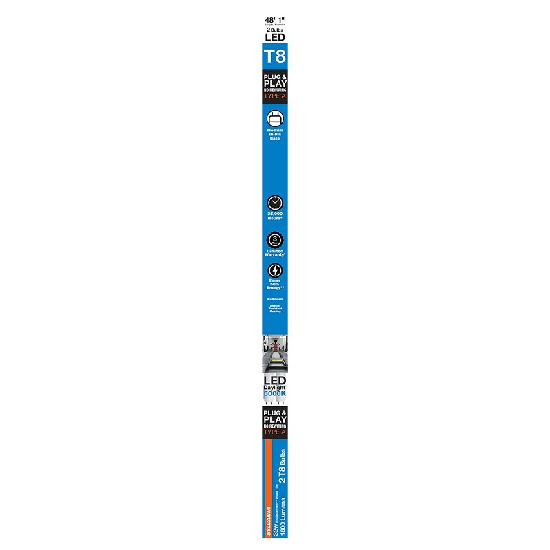Sylvania 41096 LED Bulb, Linear, Type A Replacement, 1800 Lumens, 15 W, T8 Lamp, G13 Medium Bi-Pin Lamp Base, Frosted