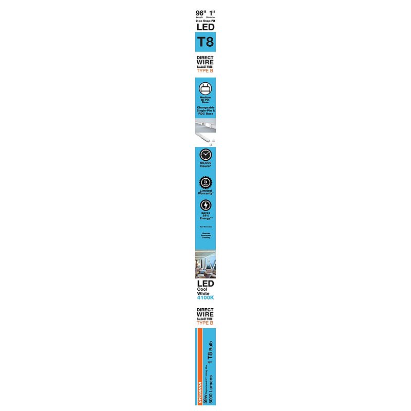 Sylvania 41098 LED Bulb, Linear, T8 Lamp, FA8 Single-Pin Lamp Base, Frosted, Cool White Light, 4100 K Color Temp