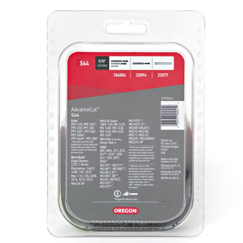 Oregon S44 Chainsaw Chain, 12 in L Bar, 0.05 Gauge, 3/8 in TPI/Pitch, 44-Link