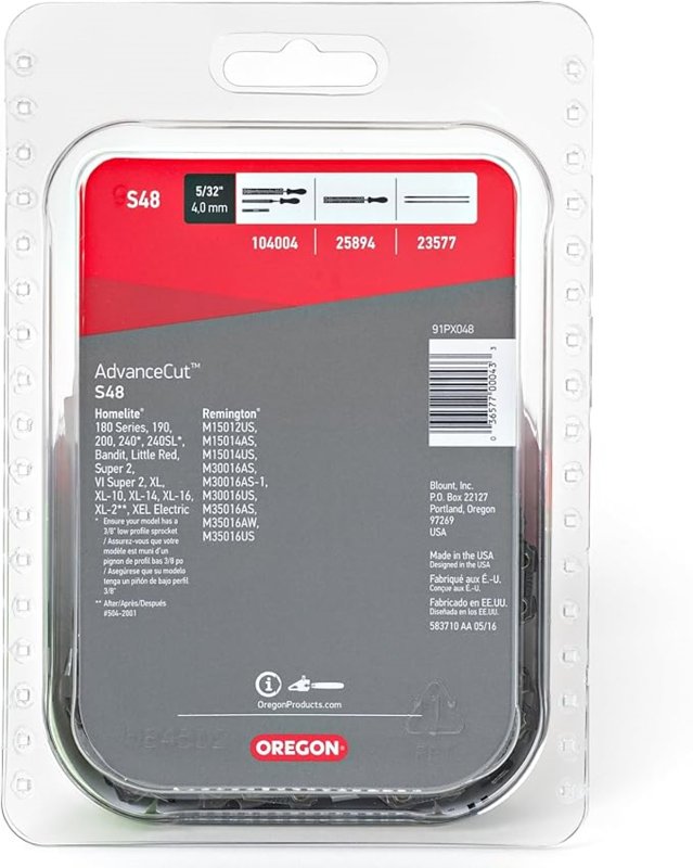 Oregon S48 Chainsaw Chain, 12 in L Bar, 0.05 Gauge, 3/8 in TPI/Pitch, 48-Link