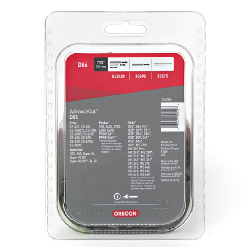Oregon D66 Chainsaw Chain, 18 in L Bar, 0.05 Gauge, 3/8 in TPI/Pitch, 66-Link