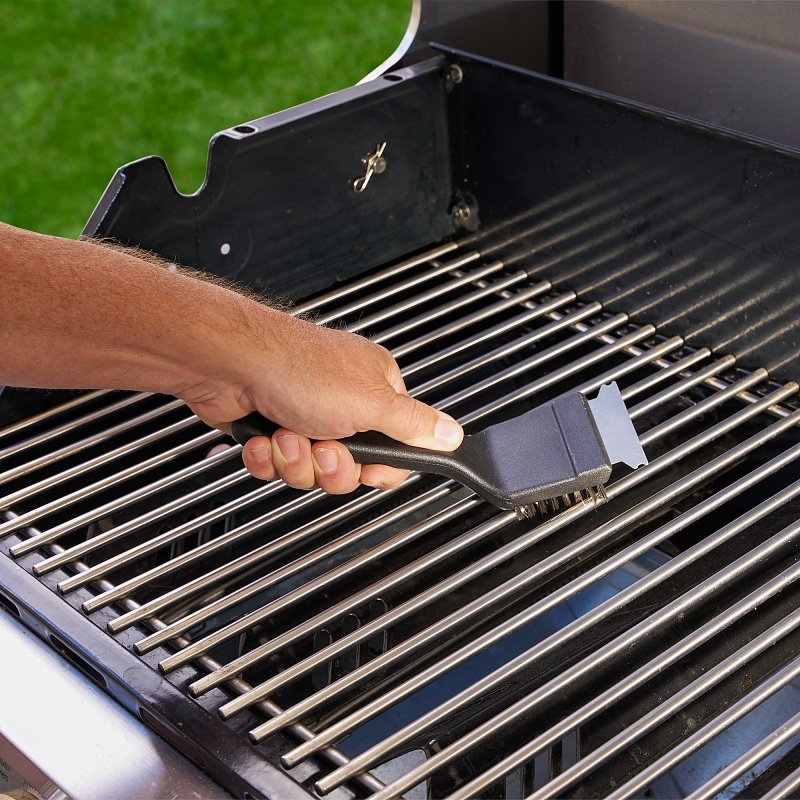 Mr. BAR-B-Q 60312Y Grill Brush with Scraper, Stainless Steel Bristle, Plastic Handle, 8 in L