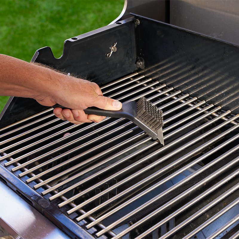 Mr. BAR-B-Q 60312Y Grill Brush with Scraper, Stainless Steel Bristle, Plastic Handle, 8 in L
