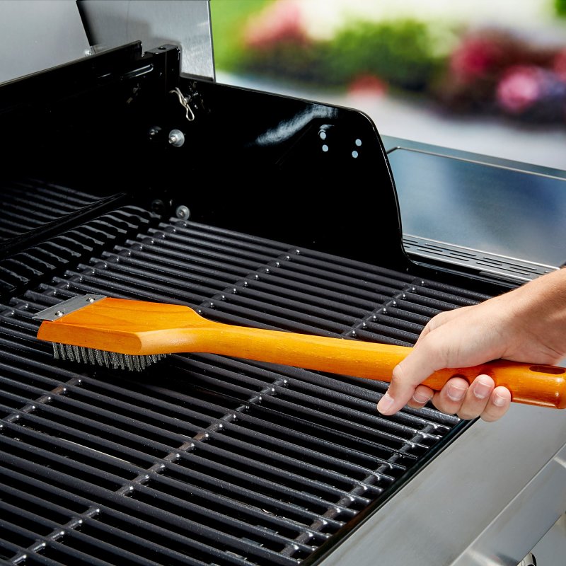 Mr. BAR-B-Q 60318Y Grill Brush with Scraper, Stainless Steel Bristle, Wood Handle