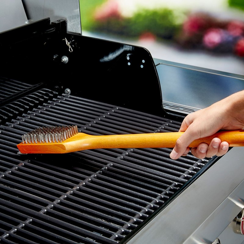 Mr. BAR-B-Q 60318Y Grill Brush with Scraper, Stainless Steel Bristle, Wood Handle