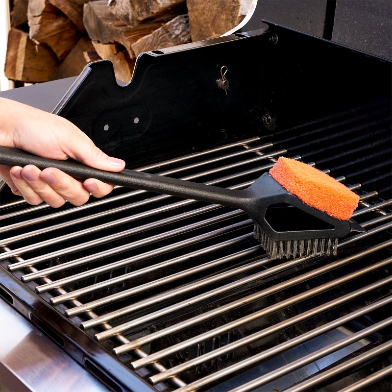 Mr. BAR-B-Q 60320Y Dual Head Grill Brush with Scrub Pad, Stainless Steel Bristle, Easy-Grip Handle