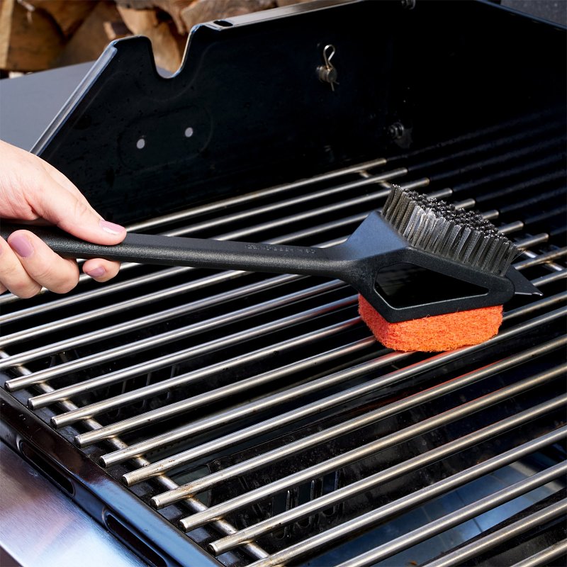 Mr. BAR-B-Q 60320Y Dual Head Grill Brush with Scrub Pad, Stainless Steel Bristle, Easy-Grip Handle