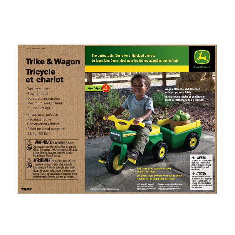 John Deere Toys 46088 Trike with Cart, 18 Months and Up, Plastic, Internal Light/Music: Internal Light and Music