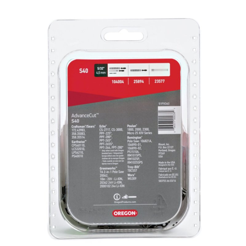 Oregon S40 Chainsaw Chain, 10 in L Bar, 3/8 in TPI/Pitch, 40-Link