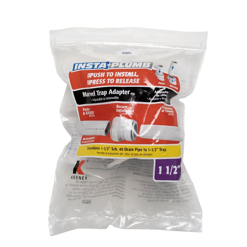 Insta-Plumb 95IPK Pipe Trap Adapter, 1-1/2 in, Push-to-Connect, Plastic, White