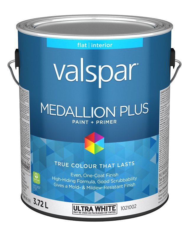 Medallion Plus 029.1021002.007 Interior Paint and Primer, Acrylic, Flat, Ultra White, 1 gal, 37 sq-m Coverage Area