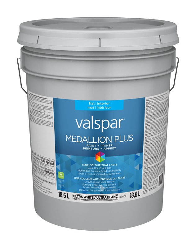 Medallion Plus 029.1021002.008 Interior Paint and Primer, Acrylic, Flat, Ultra White, 5 gal, 37 sq-m Coverage Area