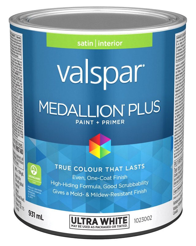 Medallion Plus 029.1023002.005 Interior Paint and Primer, Acrylic, Satin, Ultra White, 1 qt, 37 sq-m Coverage Area