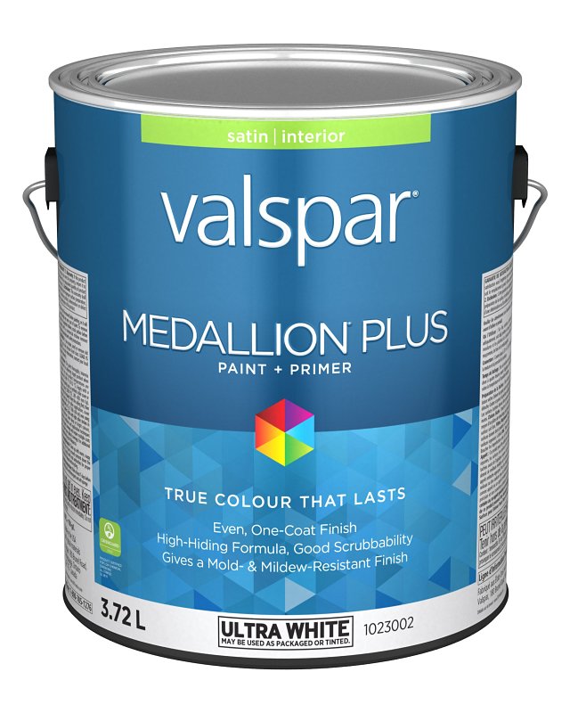 Medallion Plus 029.1023002.007 Interior Paint and Primer, Acrylic, Satin, Ultra White, 1 gal, 37 sq-m Coverage Area